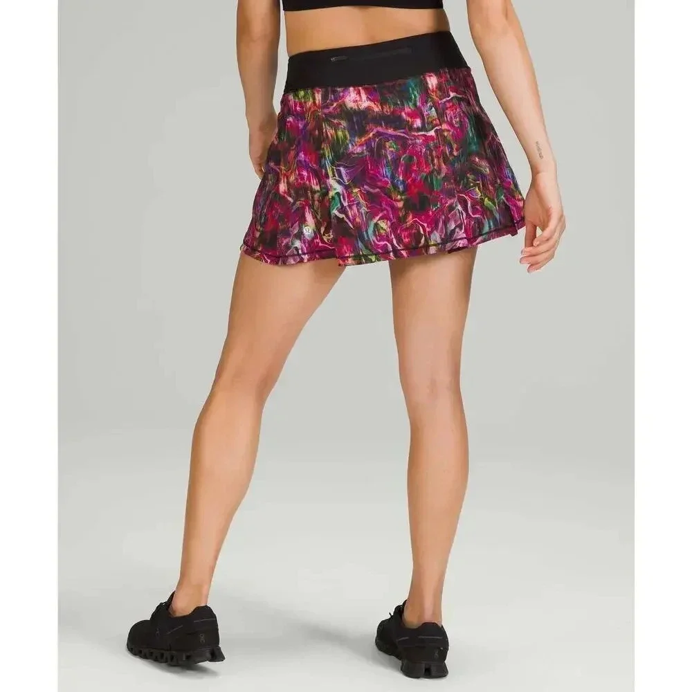 Lululemon Hyper Flow Pink Multi Black Print Pace Rival Mid-Rise Skirt Size 14